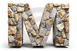 Rocky letter M. Font of stone on white background. 3d rendering photo