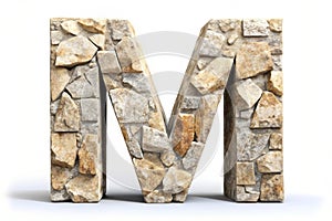 Rocky letter M. Font of stone on white background. 3d rendering photo