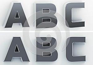 3d rendering of the letters A, B, C in blushed metal of a white isolated background. 3D render.
