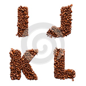 3d rendering of letters I J K L made of chocolate candies isolated on white background.