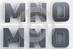 3d rendering of the letters M, N, O in blushed metal of a white isolated background. 3D render.