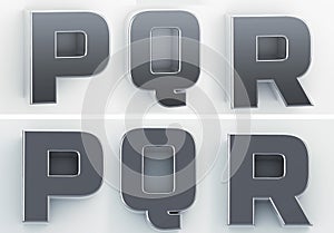 3d rendering of the letters P, Q, R in blushed metal of a white isolated background. 3D render.