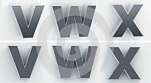 3d rendering of the letters V, W, X in blushed metal of a white isolated background. 3D render.