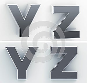 3d rendering of the letters Y, Z in blushed metal of a white isolated background. 3D render.