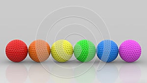 3d rendering. LGBT rainbow color Golf Balls row on gray wall background