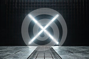 3d rendering of lighten X alphabet shape at rusty mesh and grunge wall