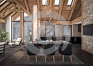 3D rendering of living room of chalet photo