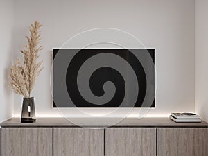 3D rendering of low cabinet with TV on white wall