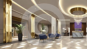 3D rendering of a luxurious hotel lobby.