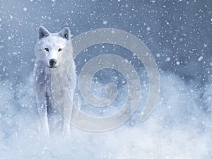 3D rendering of a majestic white wolf in snow