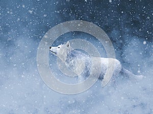 3D rendering of a majestic white wolf in snow