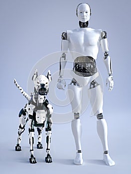 3D rendering of male robot with a futuristic robot dog