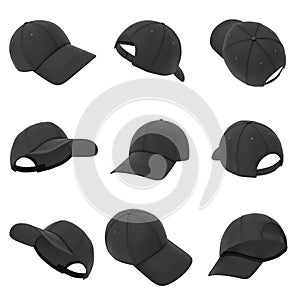 3d rendering of many black baseball caps hanging on a white background in different angles.