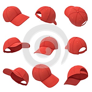 3d rendering of many red baseball caps hanging on a white background in different angles. photo