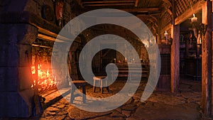 3D rendering of a medieval tavern interior lit by candlelight and burning fire photo