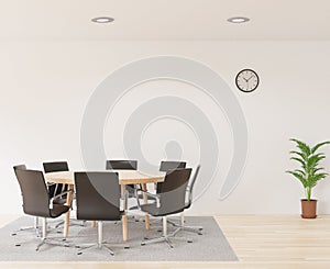 3D rendering meeting room with chairs , round wooden table, white room, carpet and little tree