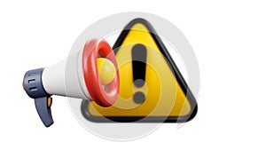 3D rendering of megaphone with exclamation sign background for announce problem, fail notice, attention, warning, information,