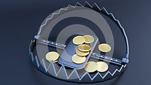 3d rendering of a metal bear trap and pile of gold coins photo