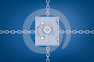 3d rendering of a metal money safe with chains leading from behind it in four different directions on blue background.