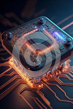 3d rendering of microchip on circuit board background. Computer technology concept