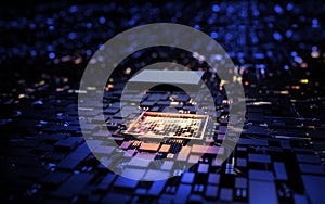 3D rendering microprocessor CPU chipset central processor unit on the illumination circuit computer mainboard. Cyber and