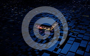 3D rendering microprocessor CPU chipset central processor unit on the illumination circuit computer mainboard. Cyber and