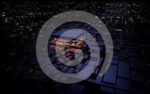 3D rendering microprocessor CPU chipset central processor unit on the illumination circuit computer mainboard. Cyber and