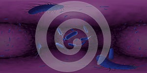 3d rendering Microscope virus bacteria close up.  Equirectangular  360 VR image.  The medical panoramic background