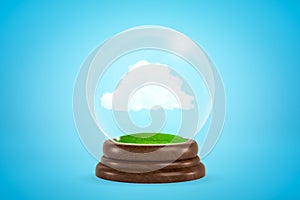 3d rendering of miniature white fluffy cloud inside glass ball globe on light blue background.