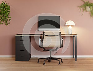 Una imagen tridimensional creada usando un modelo de computadora de mínimo escandinavo oficina espacio negro madera escritorio 