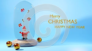 3D Rendering of Minimal santa in glassware and golden balls isolated on blue background. Christmas Concept. Merry Christmas Happy