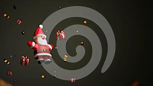 3D Rendering of Minimal santa on Snowing at night and golden ribbon  red gifts background. Christmas Concept