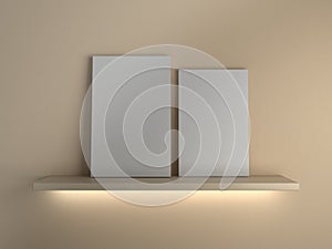 3d rendering of a minimalist shelf and blank canvasses ready for the insertion of your content