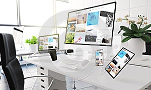 devices floating on mid air mockup showing portfolio photo