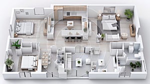 A 3D rendering of a modern apartment floor plan with three bedrooms, a kitchen, and a living room
