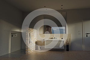 3d rendering of modern bathroom with beige stone tiles and shower tray