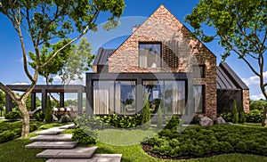 3d rendering of modern clinker house on the ponds with pool photo