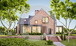 3d rendering of modern clinker house on the ponds with pool in evening photo