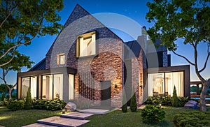 3d rendering of modern clinker house on the ponds with pool in night photo