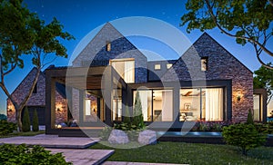 3d rendering of modern clinker house on the ponds with pool in night photo