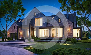 3d rendering of modern clinker house on the ponds with pool in night photo