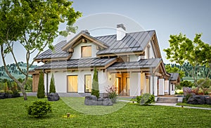 3d rendering of modern cozy house in chalet style