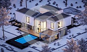 3d rendering of modern house with garden in winter night