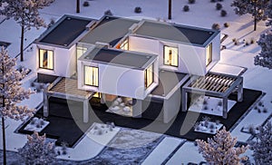 3d rendering of modern house with garden in winter night