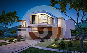 3d rendering of modern house by the river photo