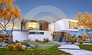 3d rendering of modern house by the river cool autumn evening wi