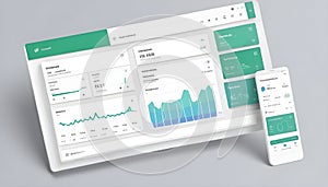 A 3D rendering of a modern dashboard interface. The interface features various charts, graphs, and data visualizations