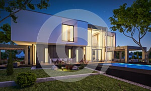 3d rendering of modern house in the garden at night