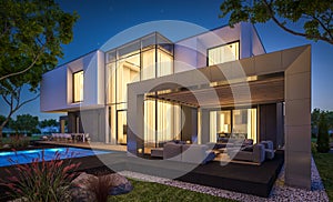 3d rendering of modern house in the garden at night