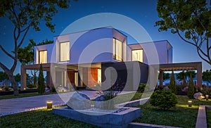 3d rendering of modern house in the garden at night